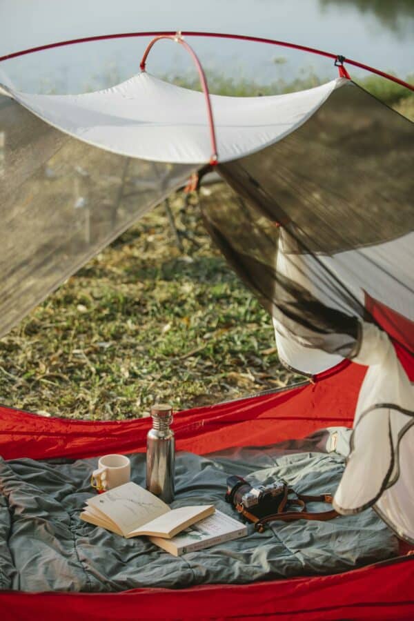 Spherical cam tent with opened book thermos bottle and modern photo camera placed on blanket in summer nature