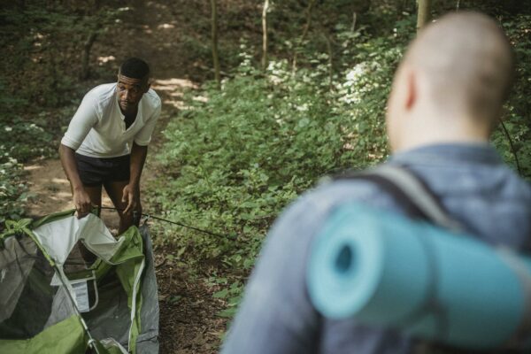 Unrecognizable male backpacker standing and looking at African American guy in shorts setting up tent in forest on sunny day